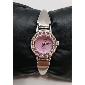 Decade Quartz Watch Womens Pink Jeweled Stainless Silver Band New Battery W128